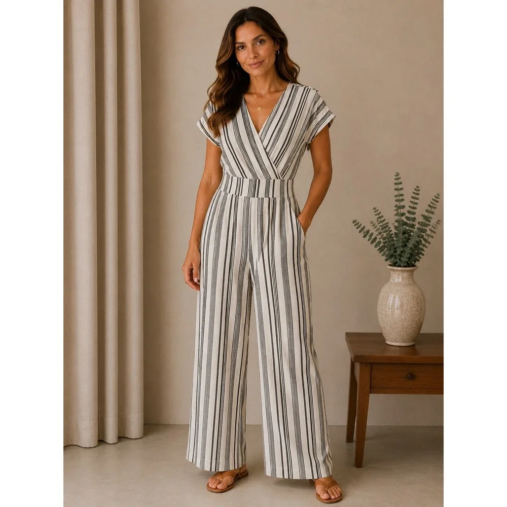 American Eagle Jumpsuit‎ Medium White Black Striped Linen Wide Leg Breathable